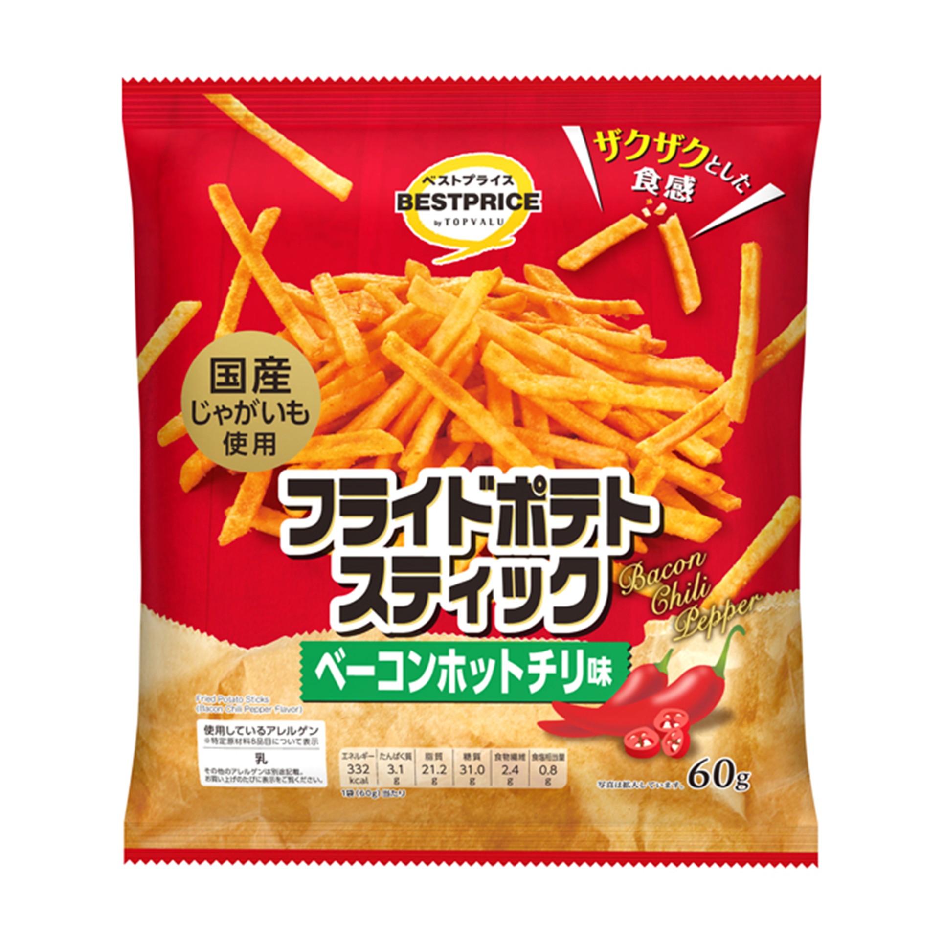 【トップバリュ】ポテトスティックベーコンホットチリ 60g(×12)|mvm-001-4549414167078-12 商品サムネイル