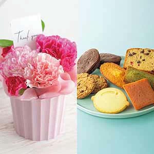 【母の日】竹中庭園緑化 母の日カーネーションアレンジ＋ひととえ スイーツファクトリー【485380】 商品サムネイル