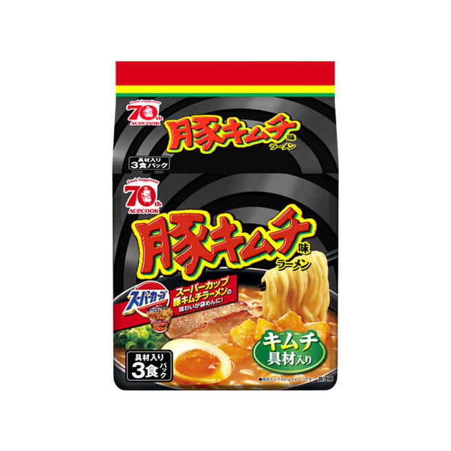 エースコック　豚キムチ味ラーメン　具材入り　９５ｇ（めん８５ｇ）Ｘ３食 (×9)|mvm-5-4901071403652-9 商品サムネイル